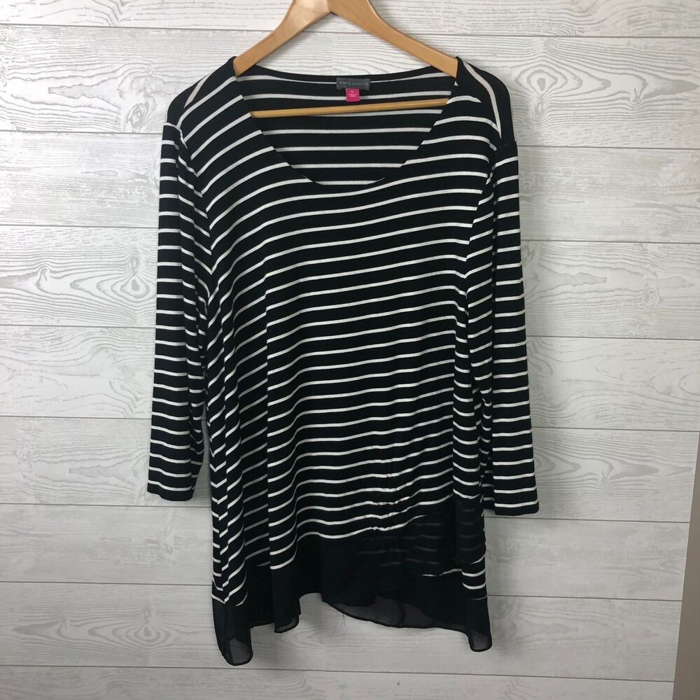 Vince Camuto Women's XL Striped Scoop Neck Top Contrast Hem Black White Shirt
